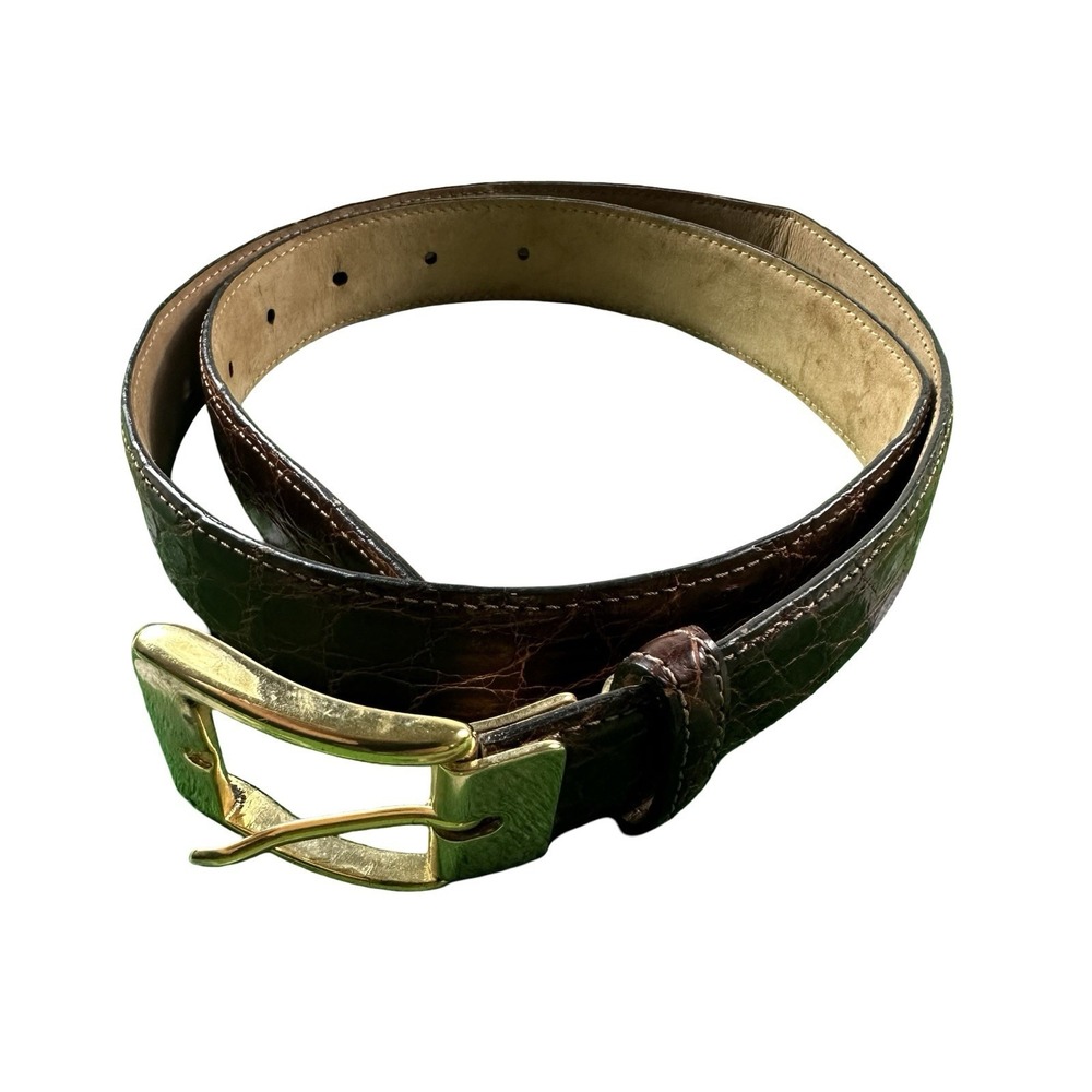 Bespoke Brown Genuine Caiman Crocodile Mens Brass Buckle Belt Size 32 NWOT